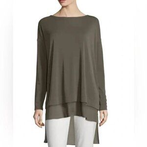 Eileen Fisher Olive Green Silk Layered Top Tunic Women Size L Long Sleeve
